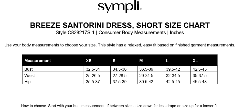Breeze Santorini Dress, Short size chart