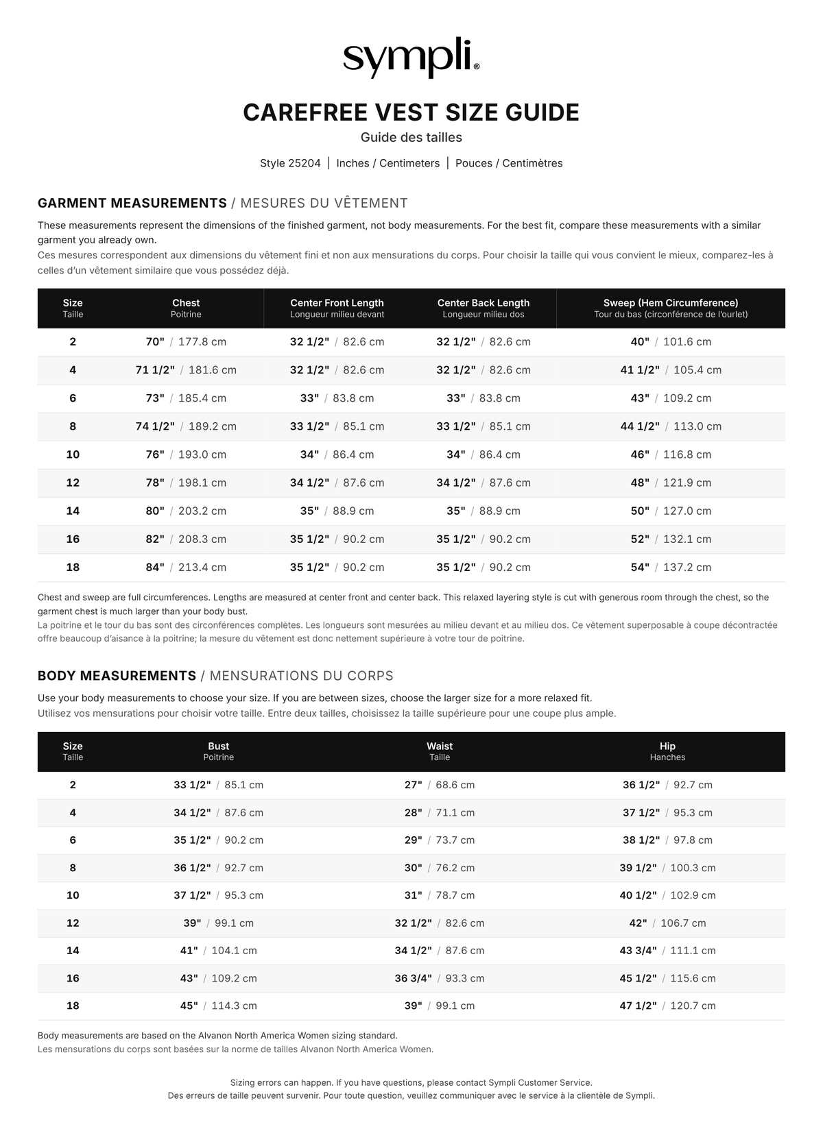 Carefree Vest size chart