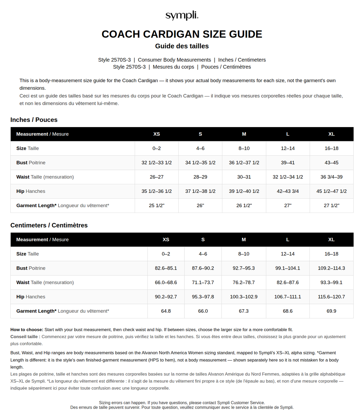 Coach Cardigan size chart
