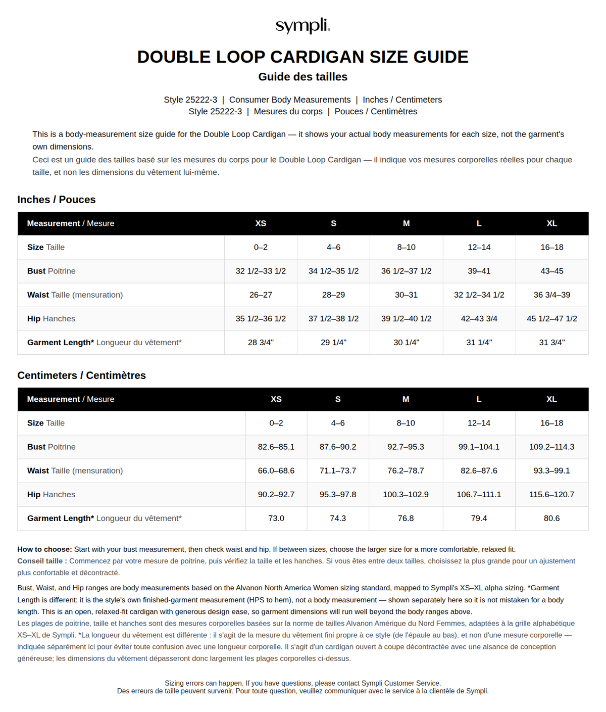 Double Loop Cardigan size chart