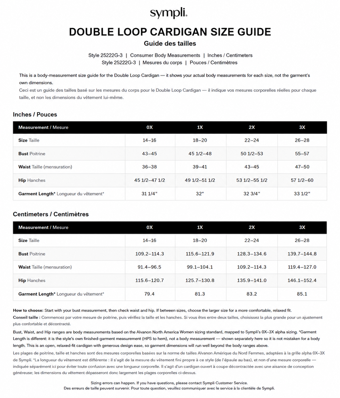 Double Loop Cardigan - Plus size chart