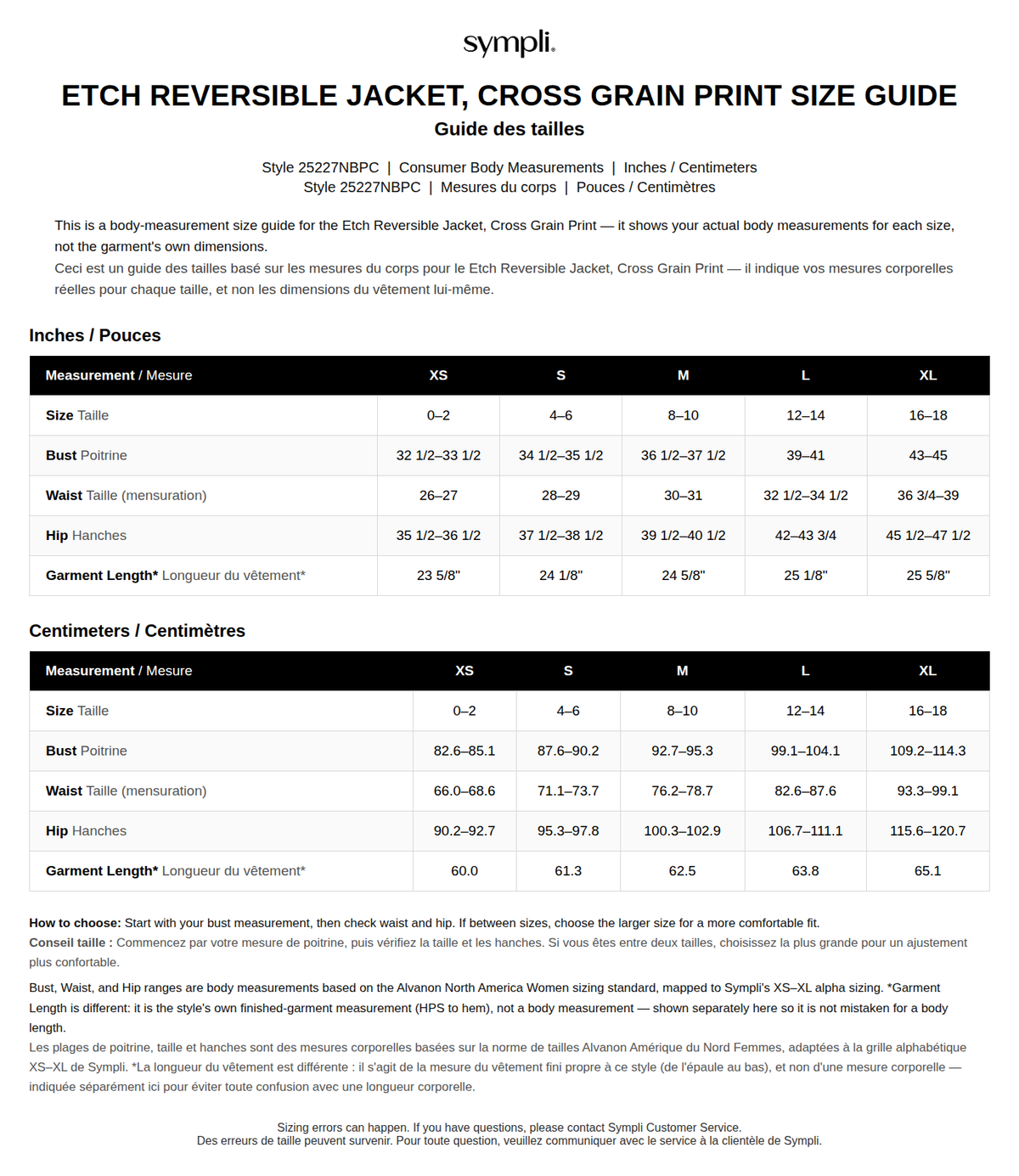 Nu Etch Reversible Jacket size chart
