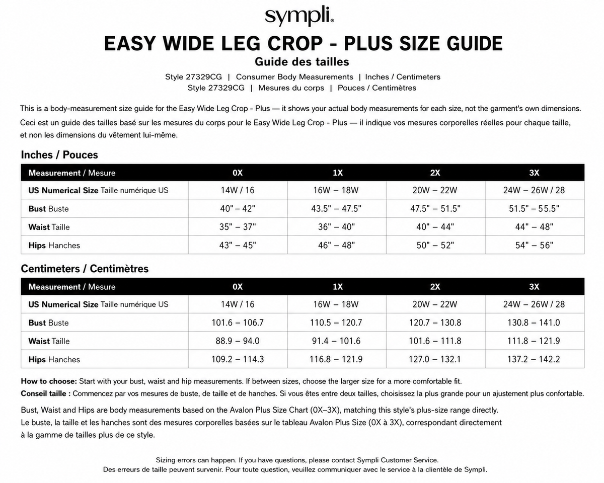 Easy Wide Leg Crop size chart