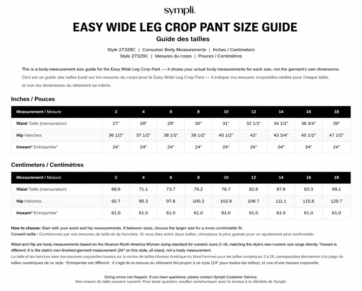 Easy Wide Leg  Crop size chart