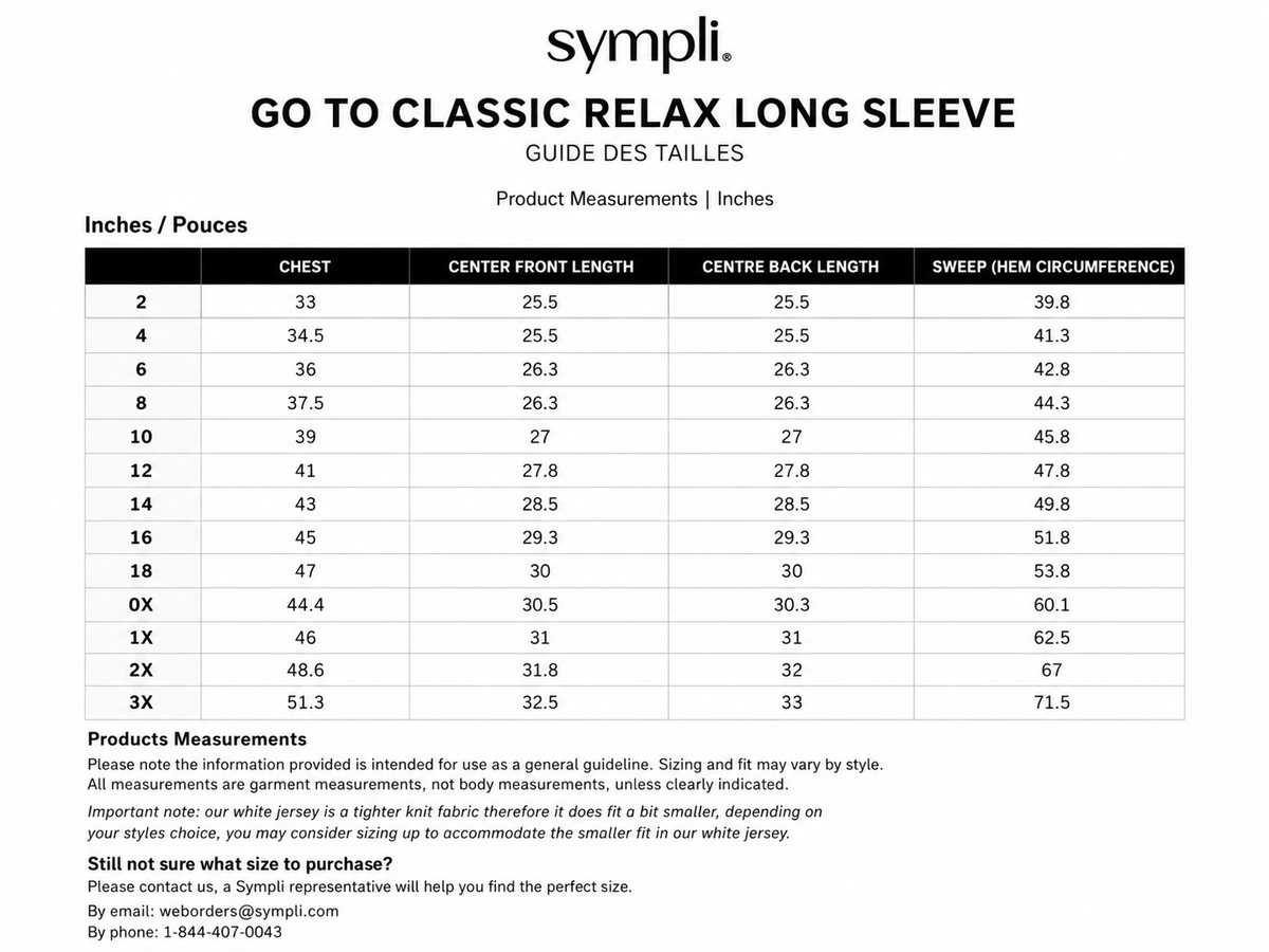 Go To Classic T Relax Long Sleeve size chart