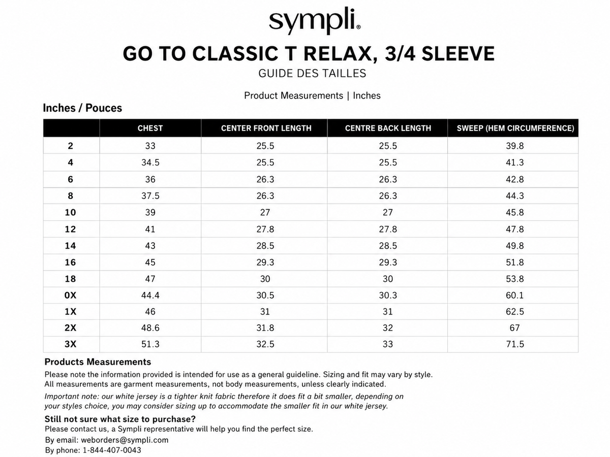 Go To Classic T Relax size chart