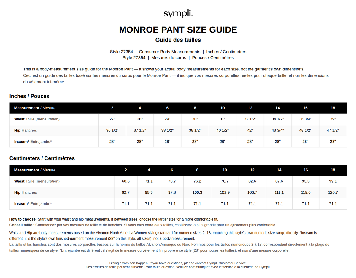 Monroe Pant size chart