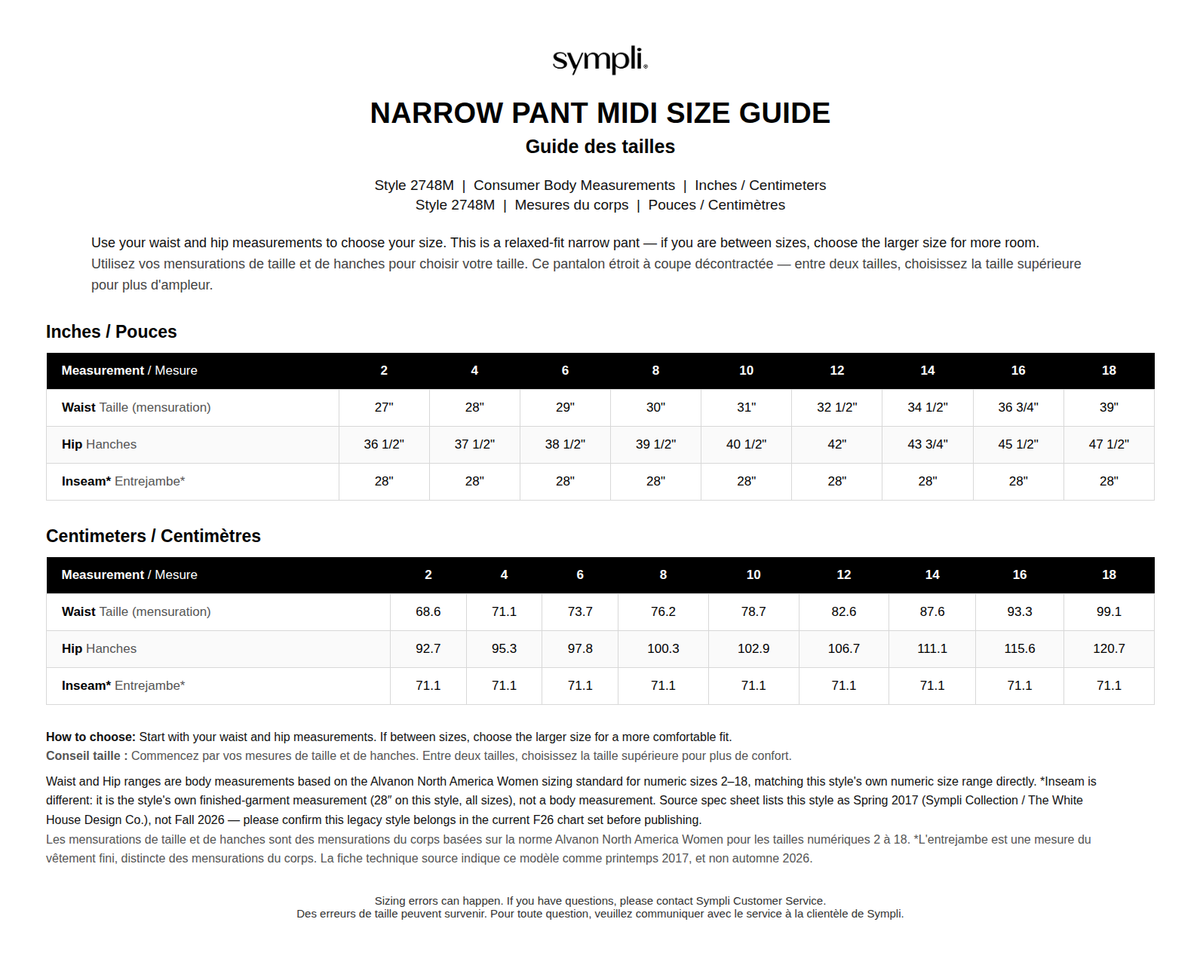 Narrow Pant Midi, Print size chart