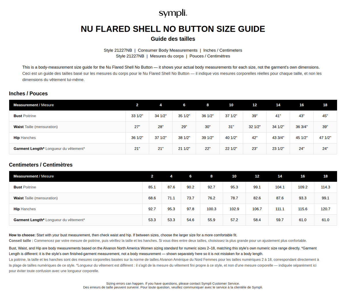 Nu Flared Shell size chart