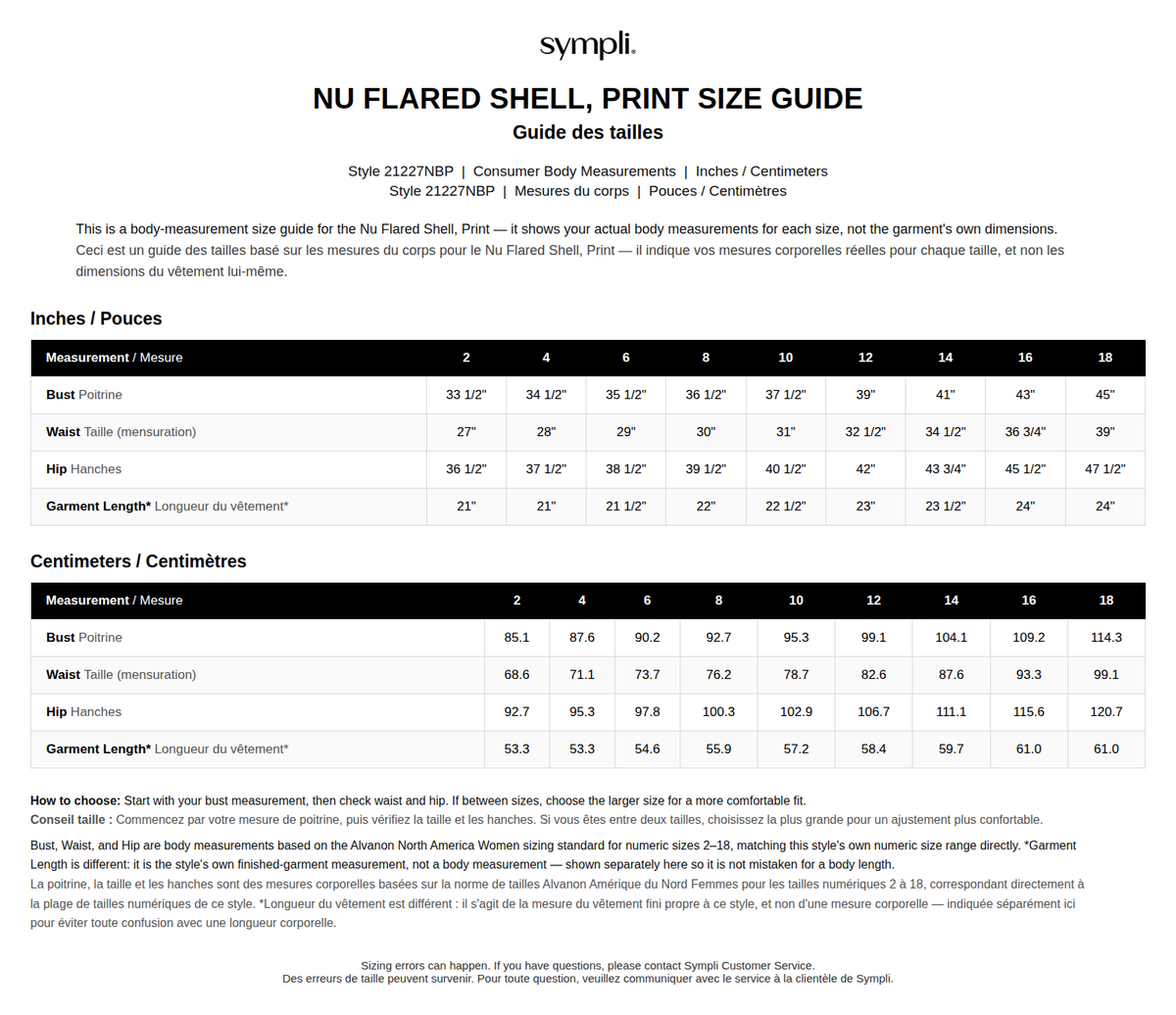 Nu Flared Shell, Print size chart