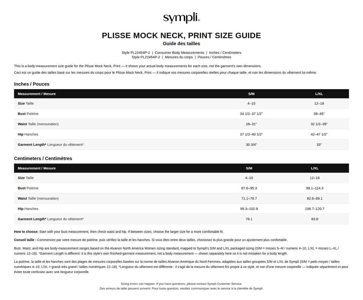 Plisse Mock Neck, Print size chart