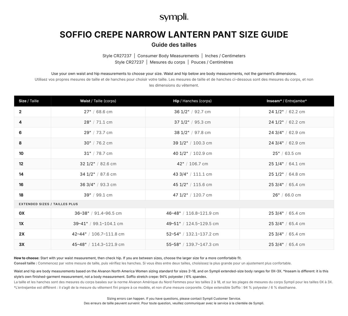 Soffio Crepe Narrow Lantern Pant size chart