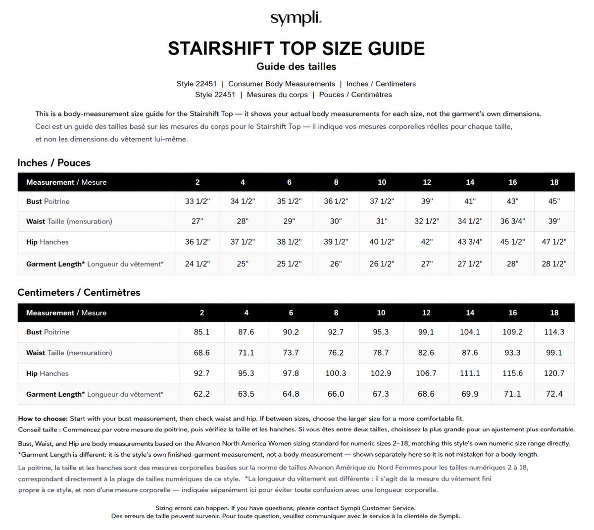 Stair Shift Top size chart
