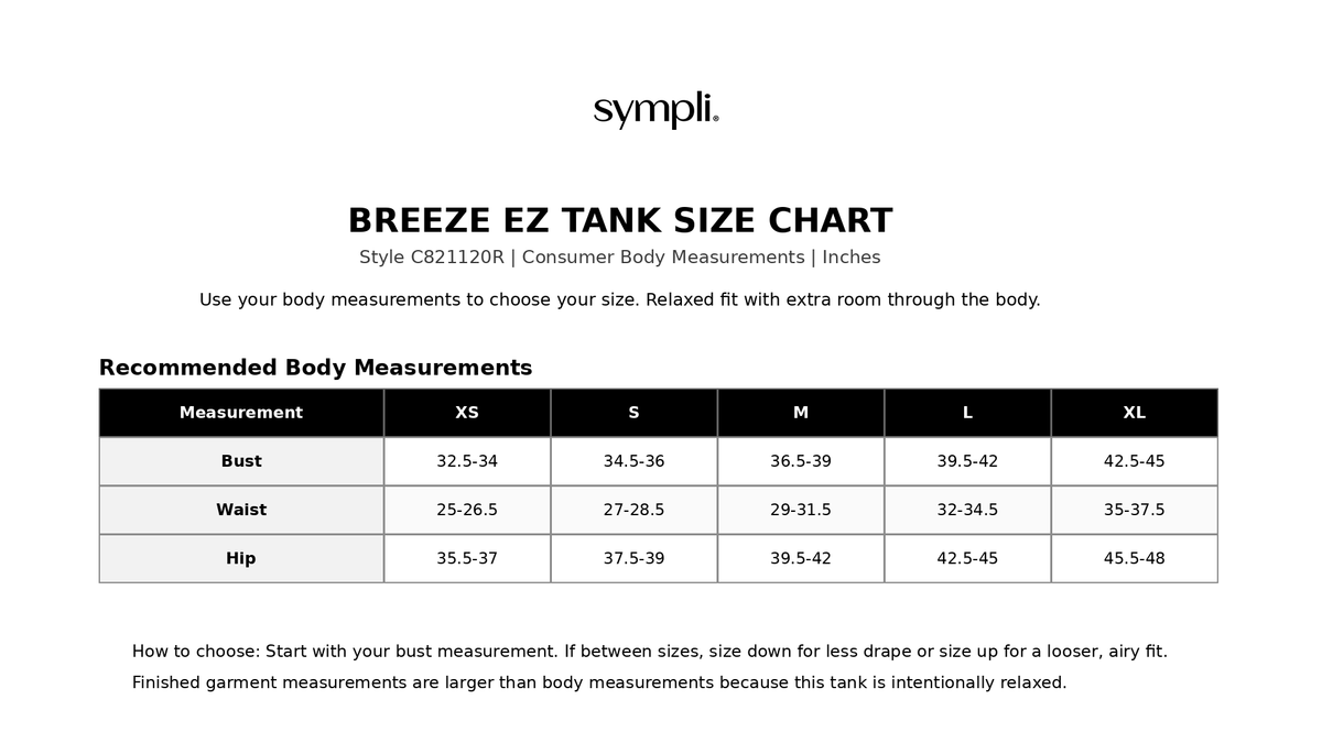 Breeze  EZ Tank size chart
