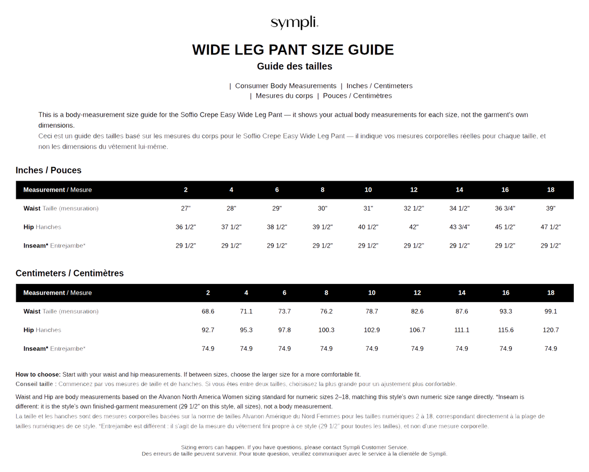 Wide Leg Trouser Print size chart