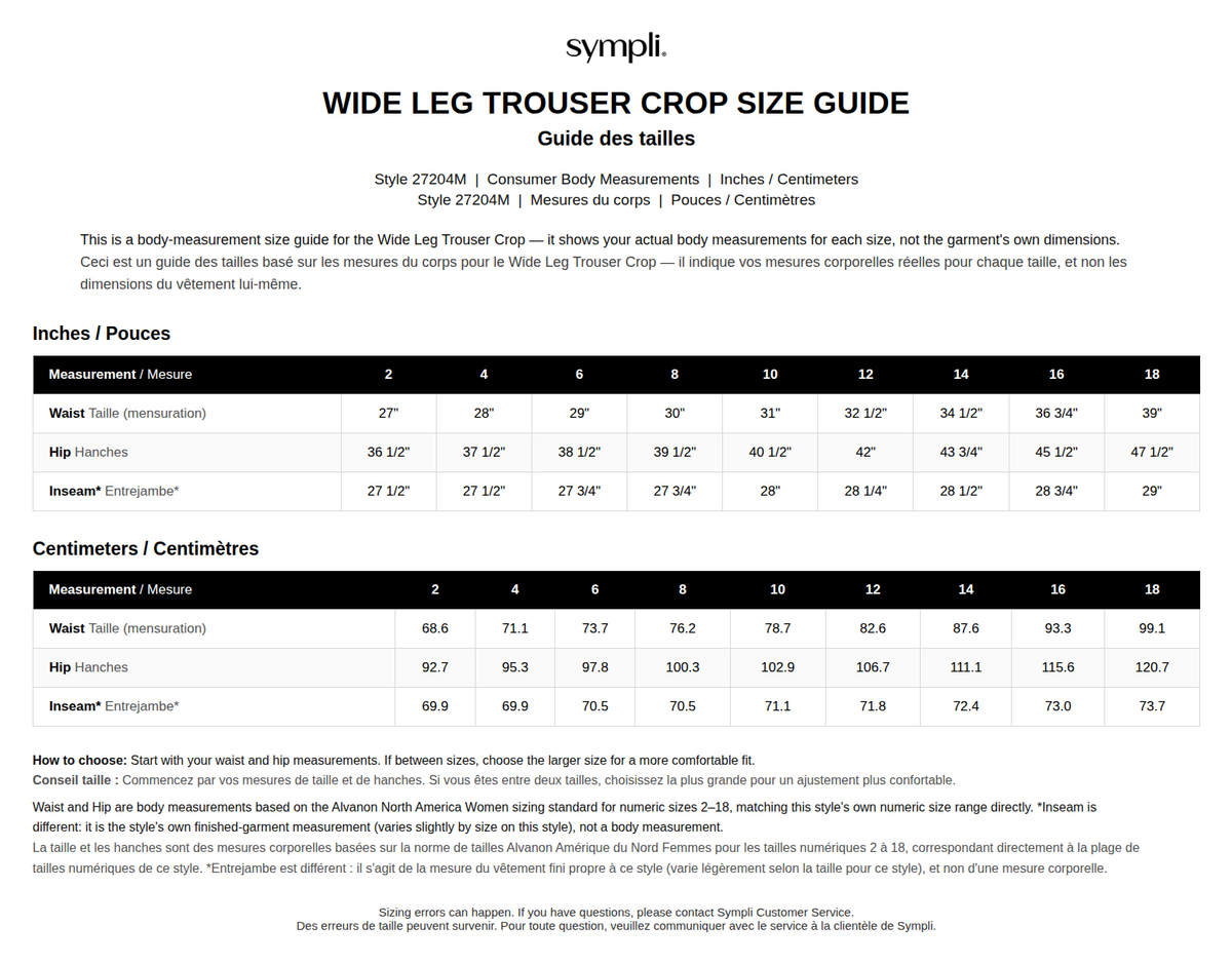 Wide Leg Trouser size chart