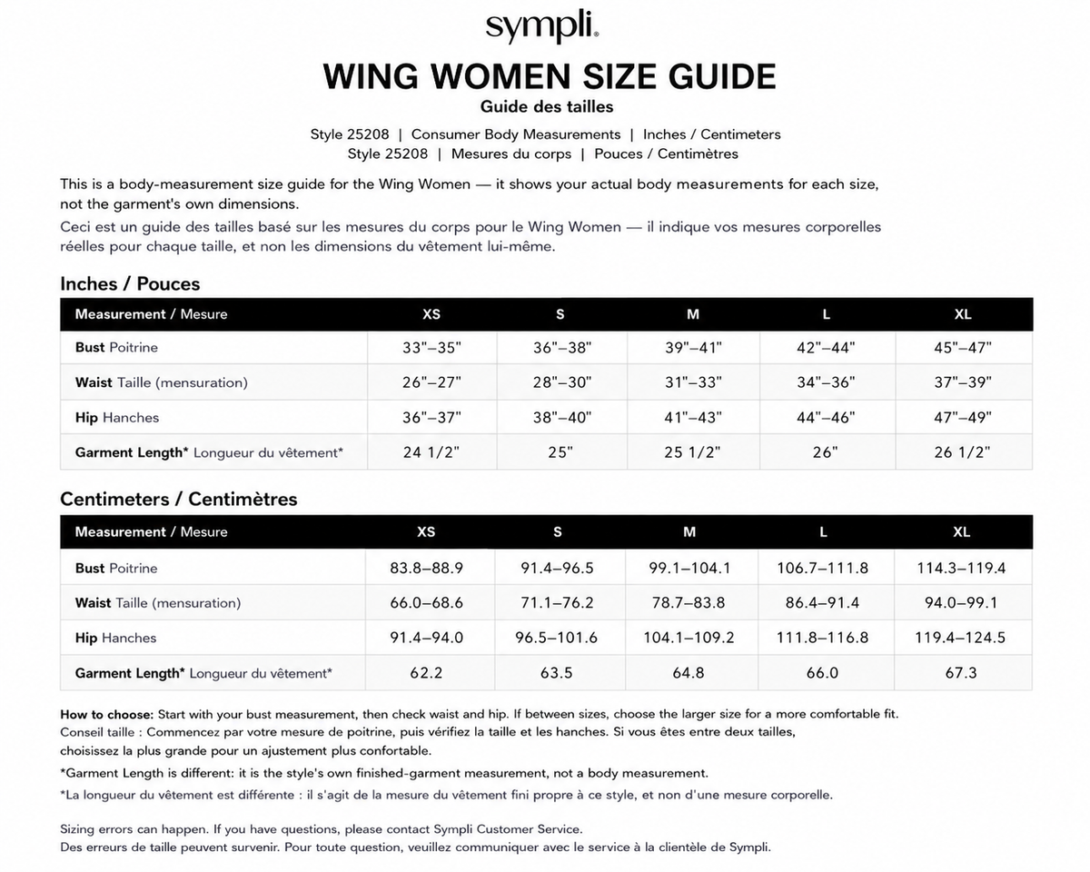 Wing Woman Zip Up size chart