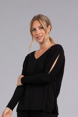 Bamboo Cotton V-Neck Slit Sleeve Top