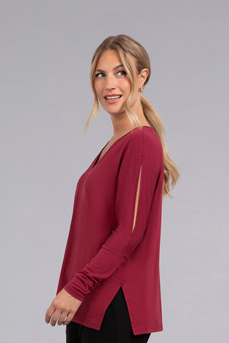 Bamboo Cotton V-Neck Slit Sleeve Top